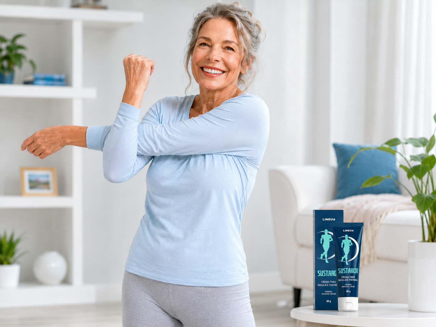 Mujer de alrededor de 50 años con estilo de vida activo y producto Sustarox